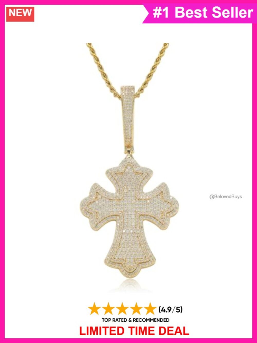 Iced Out Cross Pendant Necklace CZ Rope Chain Hip Hop Streetwear Jewelry